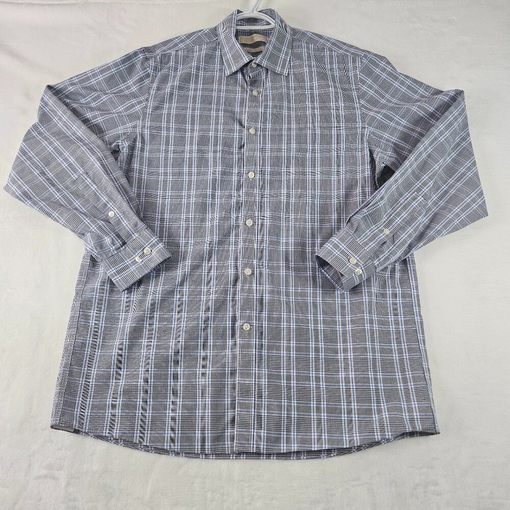 Michael Kors Non Iron Shirt Men's Sz L 16 34/35 White Blue Plaid Cotton